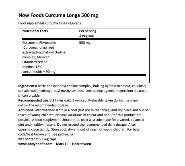 Curcuma Longa 500 mg Nutritional Information 1
