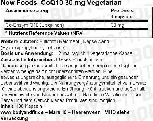 CoQ10 30 mg Vegetarian Nutritional Information 1