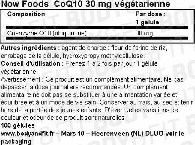 Gélules végétariennes de coenzyme Q10 CoQ10 30 mg Vegetarian Nutritional Information 1