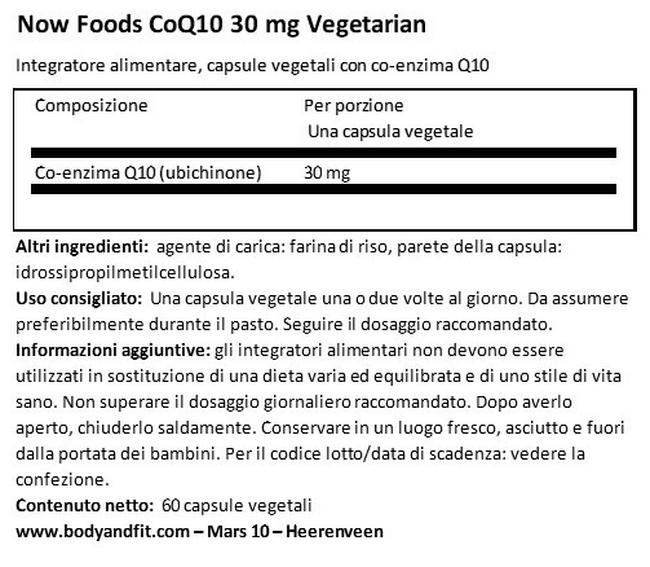 CoQ10 30 mg Vegetarian Nutritional Information 1