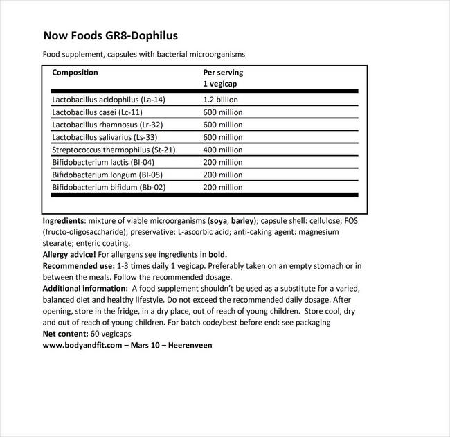 GR8-Dophilus Nutritional Information 1