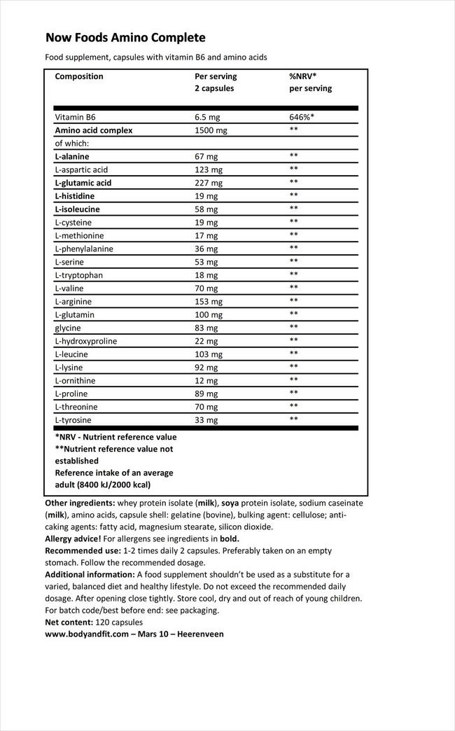 Amino Complete Nutritional Information 1