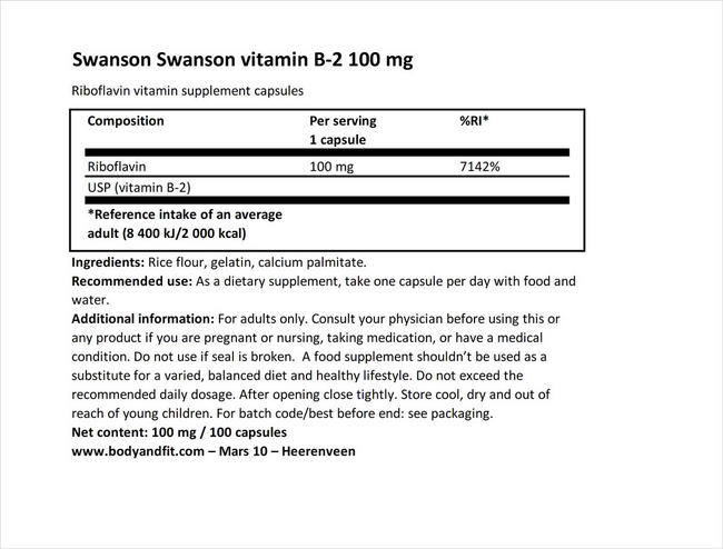 스완슨 비타민 B2 100mg Nutritional Information 1