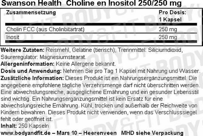 Choline et Inositol 250/250 mg Nutritional Information 1