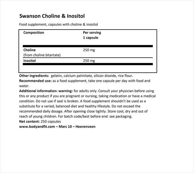 Choline and Inositol 250/250 mg Nutritional Information 1