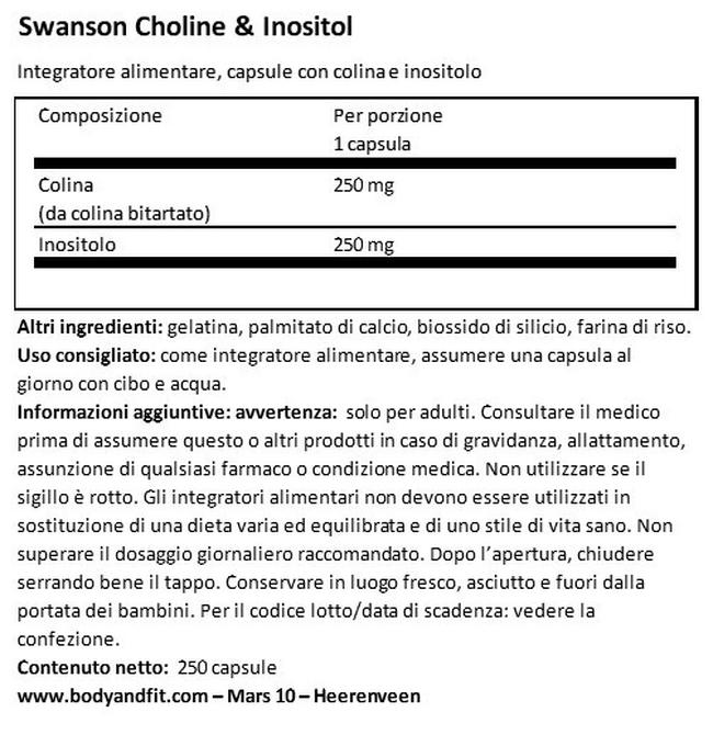 Colina e Inositolo 250/250 mg Nutritional Information 1