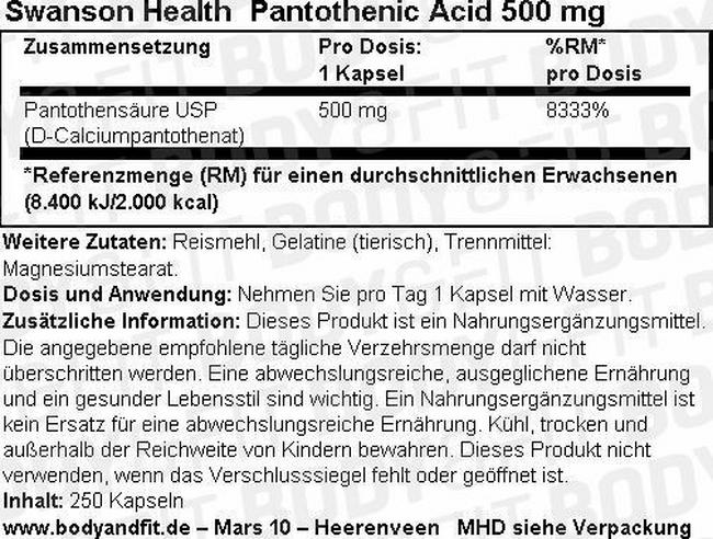 Pantothensäure (Vitamin B5)  500mg Nutritional Information 1