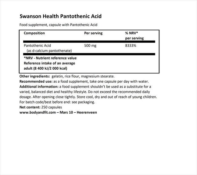 Pantothenic Acid 500mg Nutritional Information 1