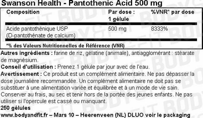 Acide pantothénique 500mg Nutritional Information 1