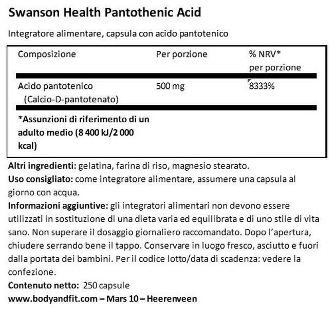 Pantothenic Acid 500 mg Nutritional Information 1