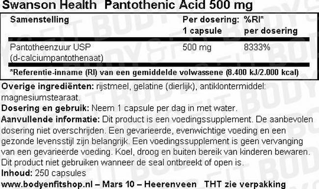 Pantothenic Acid 500mg Nutritional Information 1