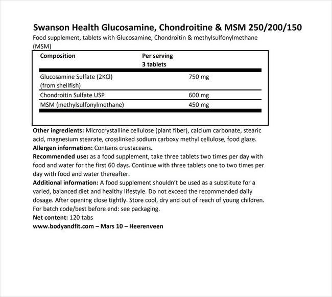 グルコサミン、コンドロイチン、MSM 250/200/150 Nutritional Information 1