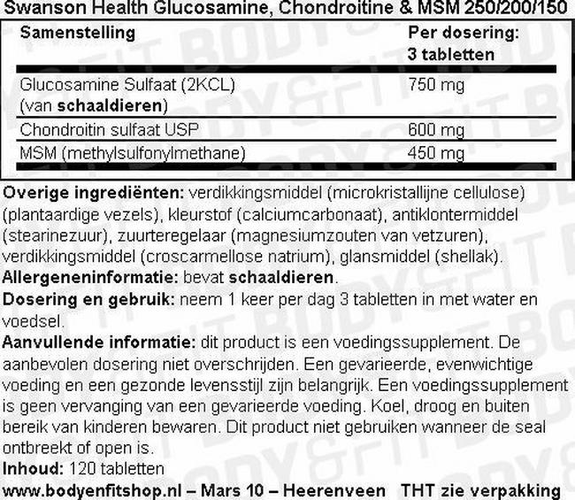 Glucosamine, Chondroitine & MSM 250/200/150 Nutritional Information 1