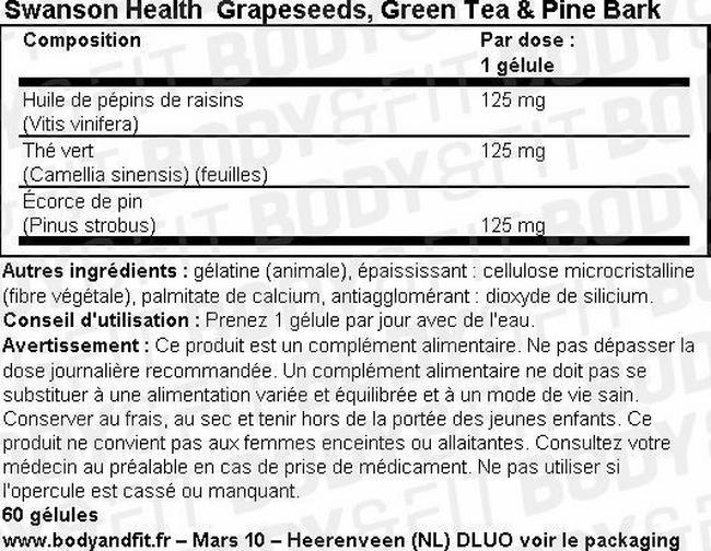 Pépins de raisin, thé vert et écorce de pin Grapeseed, Green Tea & Pine Bark Nutritional Information 1