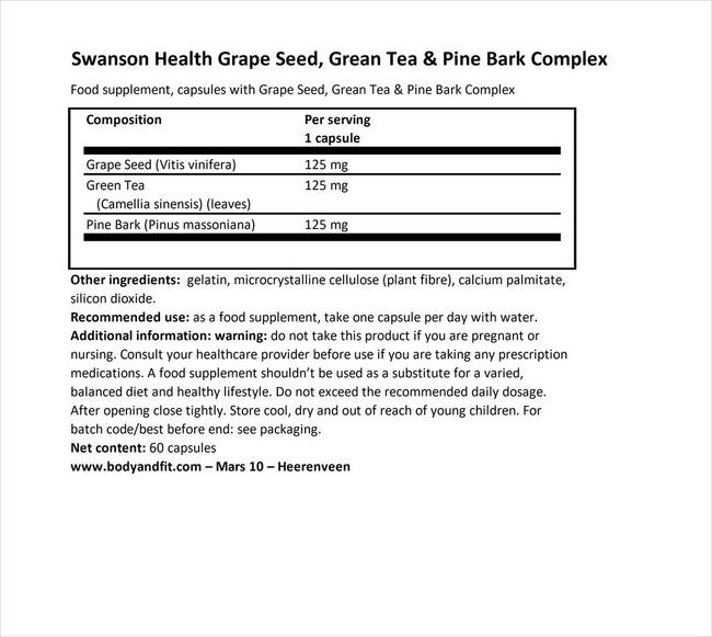 グレープシード、グリーンティー＆パインバーク Nutritional Information 1