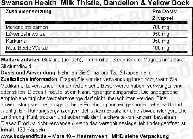 Milk Thistle, Dandelion, Yellow Dock Nutritional Information 1
