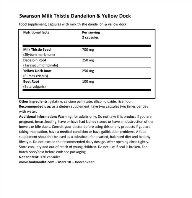 Milk Thistle, Dandelion, Yellow Dock Nutritional Information 1