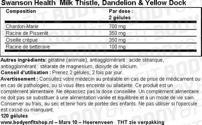 Chardon-Marie, pissenlit et oseille crépue Milk Thistle, Dandelion, Yellow Dock Nutritional Information 1