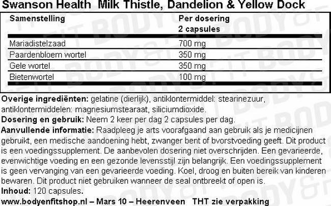 Milk Thistle, Dandelion, Yellow Dock Nutritional Information 1