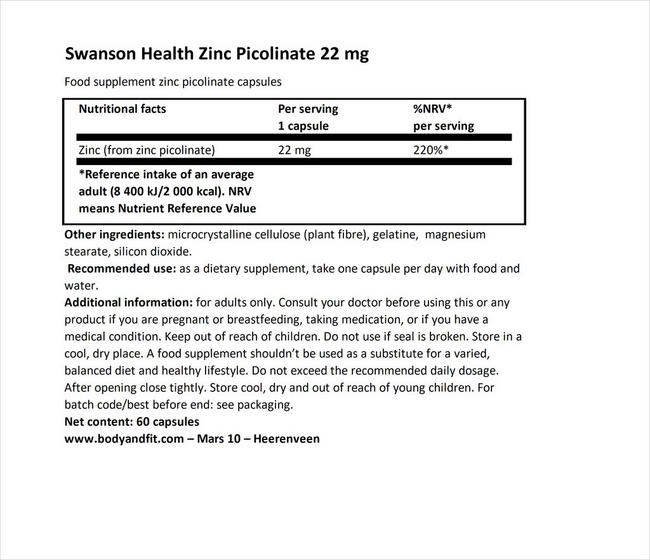 Zinc Picolinate Body Preferred form 22mg Nutritional Information 1