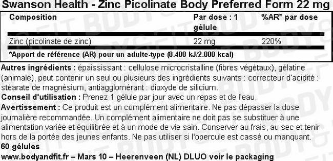 Gélules Zinc Picolinate Body Preferred Form 22 mg Nutritional Information 1