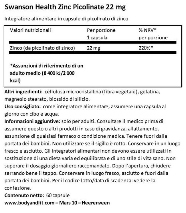 Zinco Picolinato Body preferred form 22 mg Nutritional Information 1