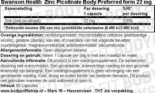 Zinc Picolinate Body Preferred form 22mg Nutritional Information 1