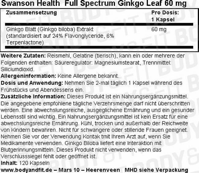 Full Spectrum Ginkgo Leaf 60 mg Nutritional Information 1