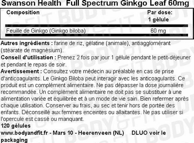 Full Spectrum Ginkgo Leaf 60mg Nutritional Information 1