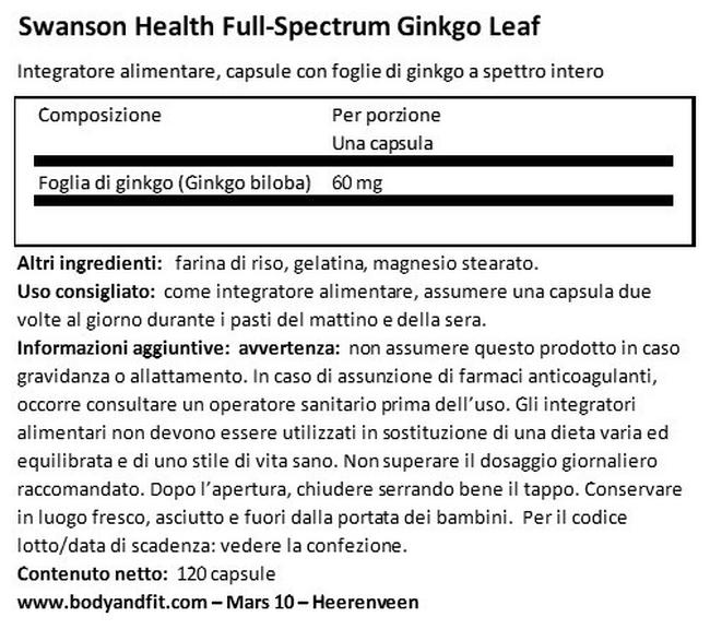 Full Spectrum Ginkgo Leaf 60 mg Nutritional Information 1