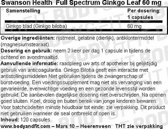 Full Spectrum Ginkgo Leaf 60mg Nutritional Information 1