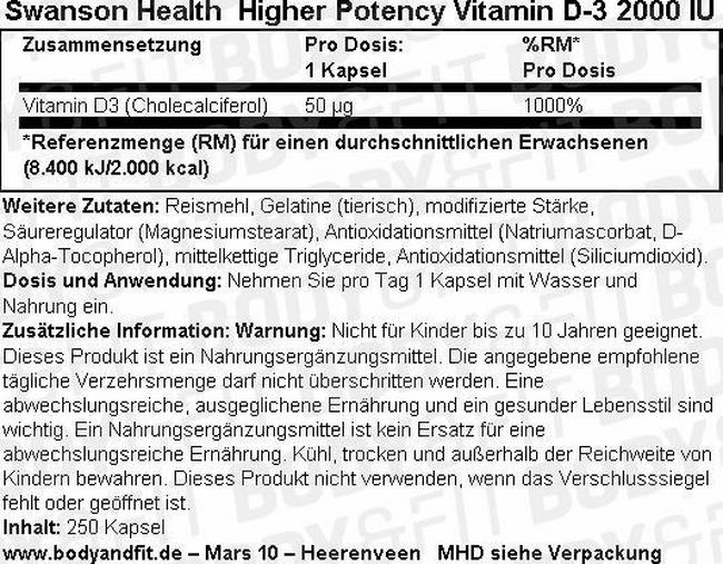 High Potency Vitamine D-3 2000IU Nutritional Information 1