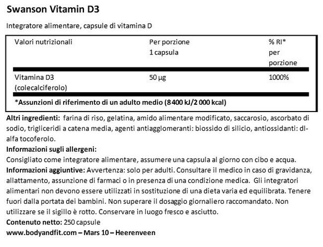 High Potency Vitamin D-3 2000 IU Nutritional Information 1