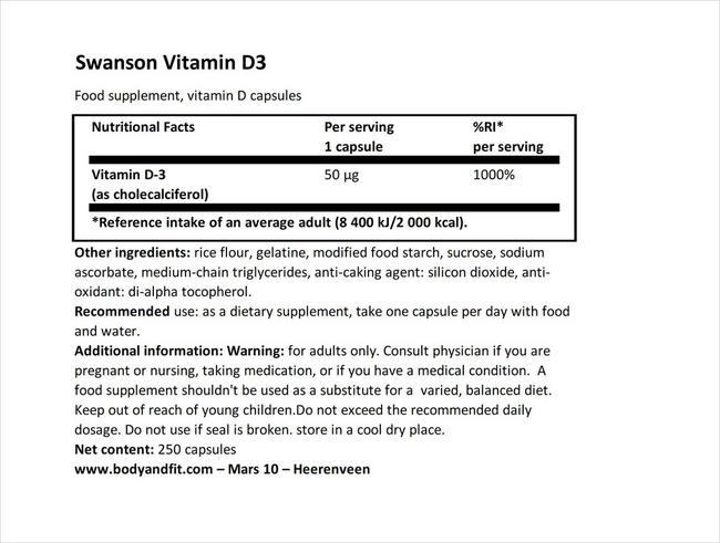 ハイポテンシービタミンD-3 2000IU Nutritional Information 1