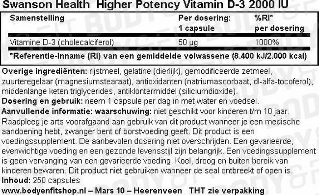 High Potency Vitamine D-3 2000IU Nutritional Information 1