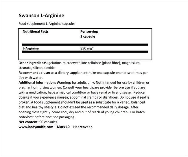 Super Strength L-Arginine 850mg Nutritional Information 1