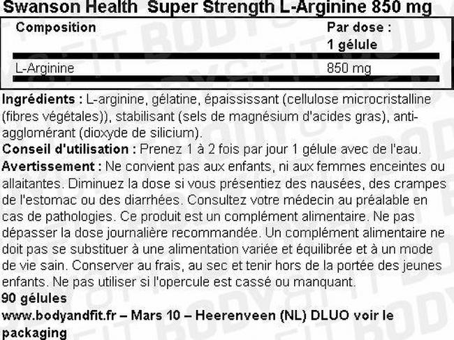 Gélules d’arginine Super Strength L-Arginine 850 mg Nutritional Information 1