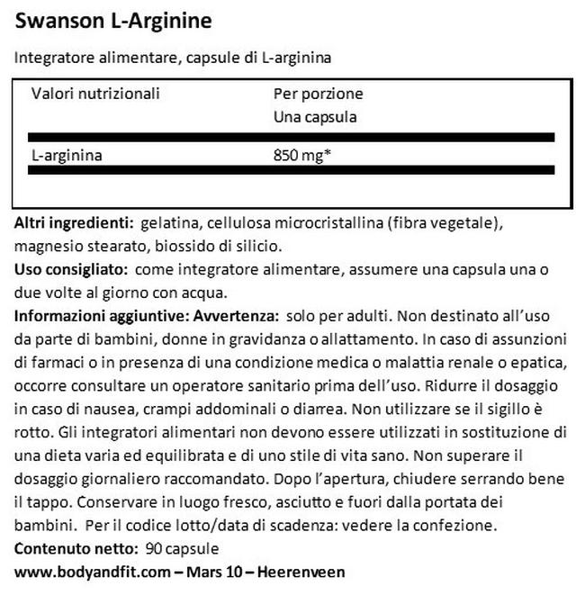 L-Arginina 850 mg Super Strenght Nutritional Information 1