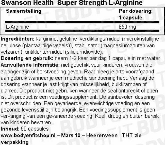 Super Strength L-Arginine 850mg Nutritional Information 1