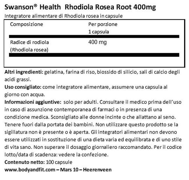 Rhodiola Rosea Root 400 mg Nutritional Information 1