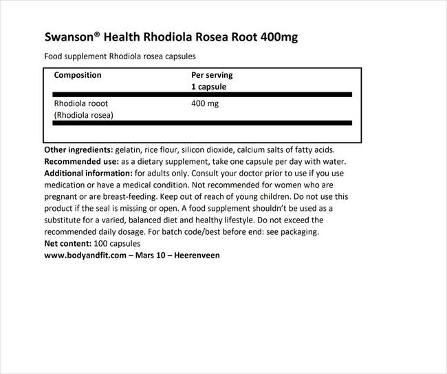 ロディオラロゼア ルート 400mg Nutritional Information 1