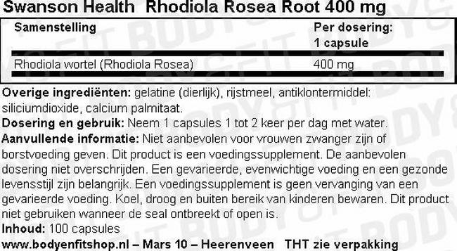 Rhodiola Rosea Root 400mg Nutritional Information 1