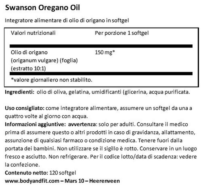 Olio di Origano Nutritional Information 1