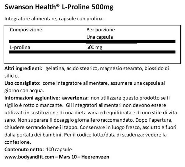L-Prolina 500 mg Nutritional Information 1