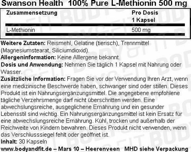100% Pure L-Methionine 500mg Nutritional Information 1