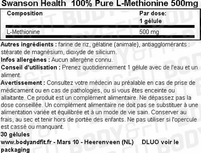 100% Pure L-Methionine 500mg Nutritional Information 1