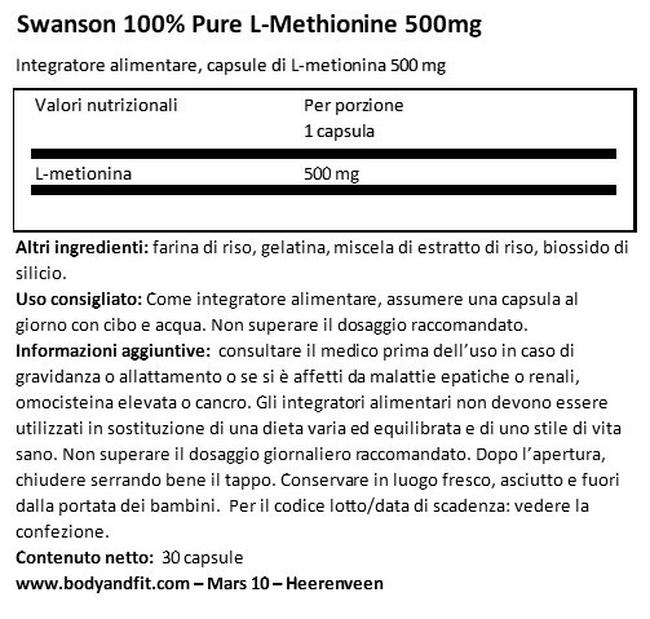 L-metionina 100% Pure 500 mg Nutritional Information 1