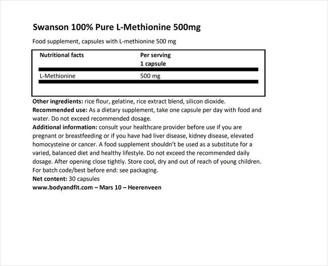 100％ピュア L-メチオニン 500mg Nutritional Information 1