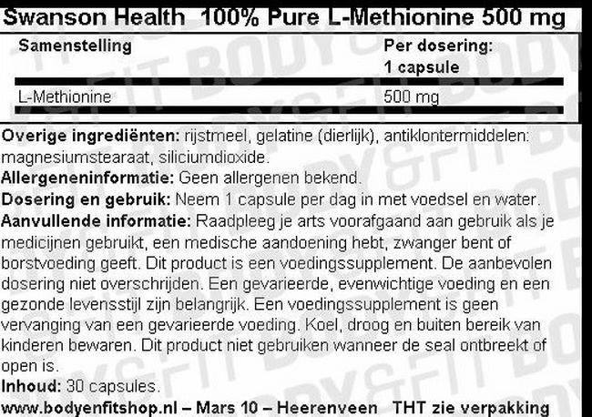 100% Pure L-Methionine 500mg Nutritional Information 1