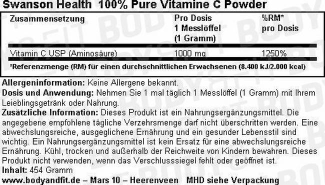100% Pure Vitamine C Powder Nutritional Information 1